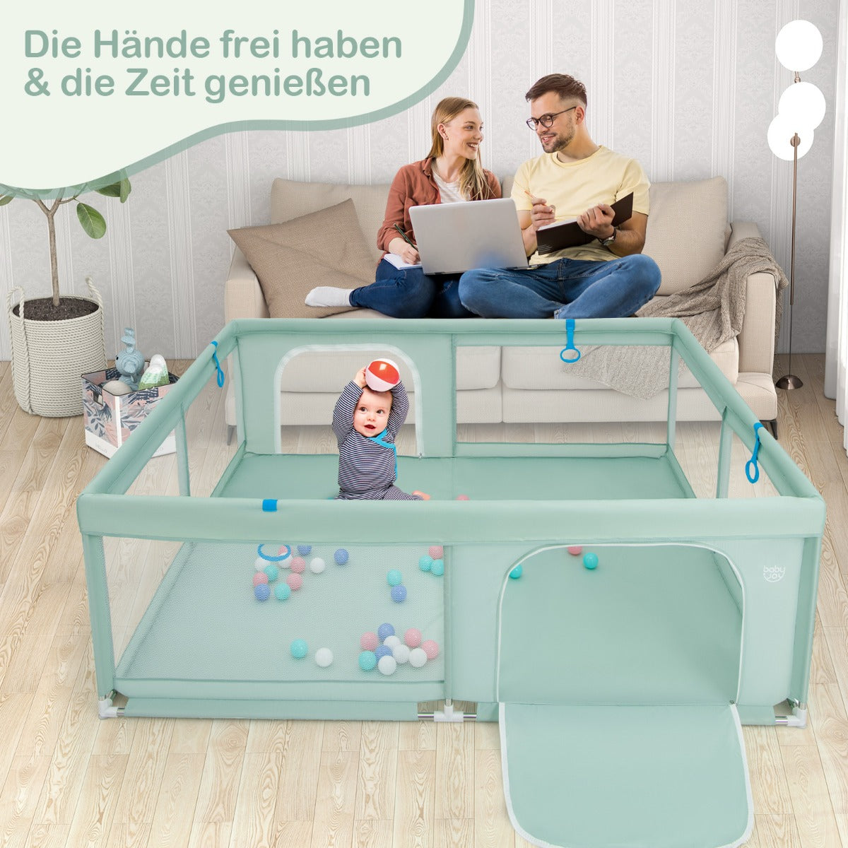 Babylekhage – med havskulor och handtag dörrlekhage Crawling Gate – 50 4 200 x 180 cm – Grön
