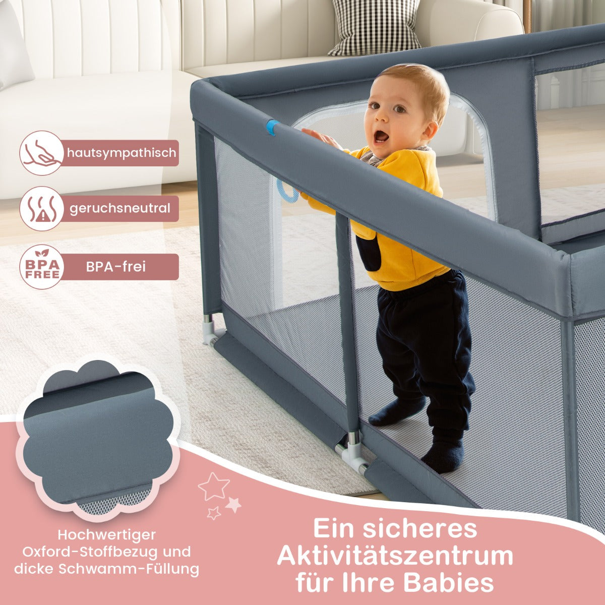 Baby – lekhage med havskulor och handtag dörr Crawling Gate – 50 4 200 x 180 cm – Grå