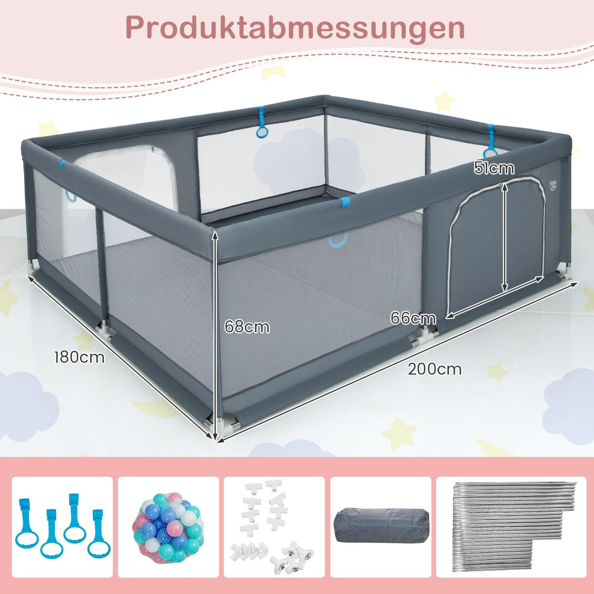 Baby – lekhage med havskulor och handtag dörr Crawling Gate – 50 4 200 x 180 cm – Grå