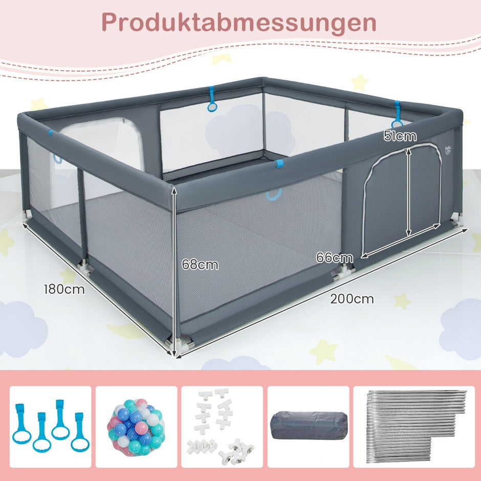 Baby – lekhage med havskulor och handtag dörr Crawling Gate – 50 4 200 x 180 cm – Grå