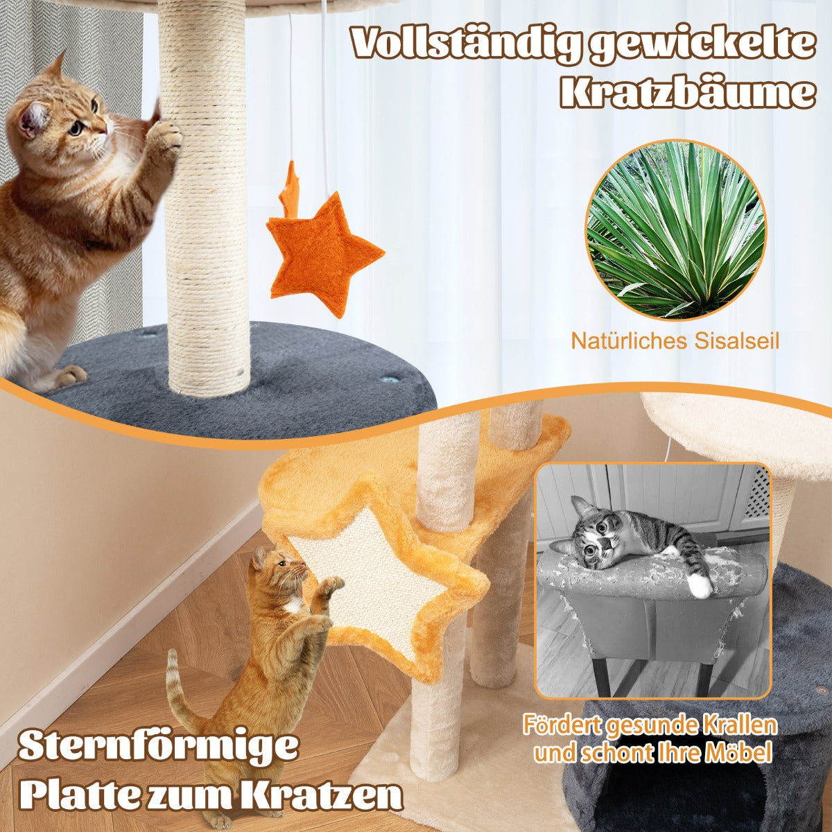 Skrapstolpe – kattträd med kattgrotta och plyschsits leksaker plattformar – 60 x 41 x 128 cm – Beige