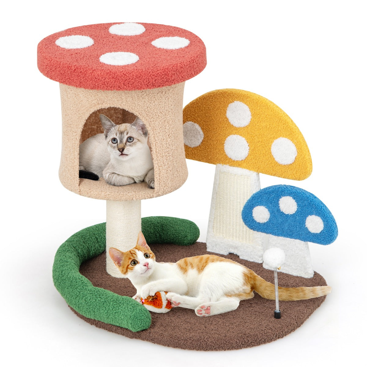 Skrapstolpe – i svamplook med kattgrotta och sisalskrapbräda stor bas lekboll – 60 x 49 x 59 cm – Färgglad