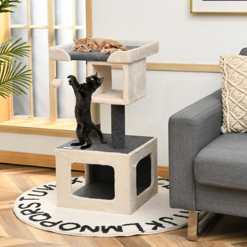 Skrapstolpe – liten trä kattträd stall klätterträd och – 42 x 42 x 80 cm – Grå och vit
