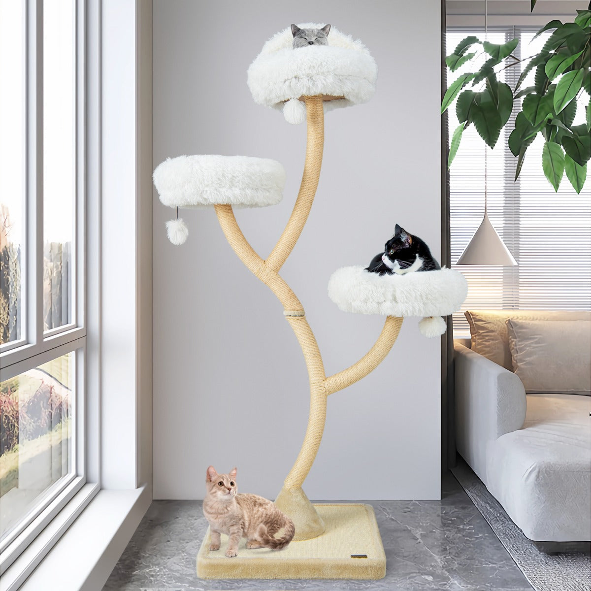 Kattträd – med sisalskrapstolpar och varma viloplatser plyschbollar – 3 178 cm – Beige