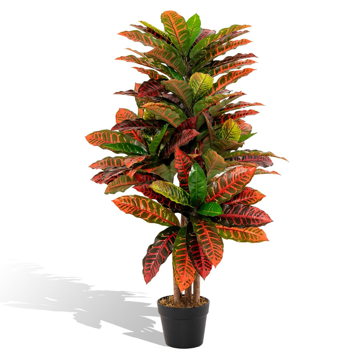 Hög – konstgjord krotonpalm med färgglada brokiga löv – 100 cm – Röd