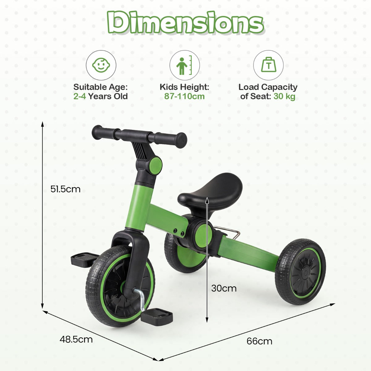 i – Barncykel Barnbalanscykel med avtagbara pedaler justerbar handtag – 5 1 – Grön