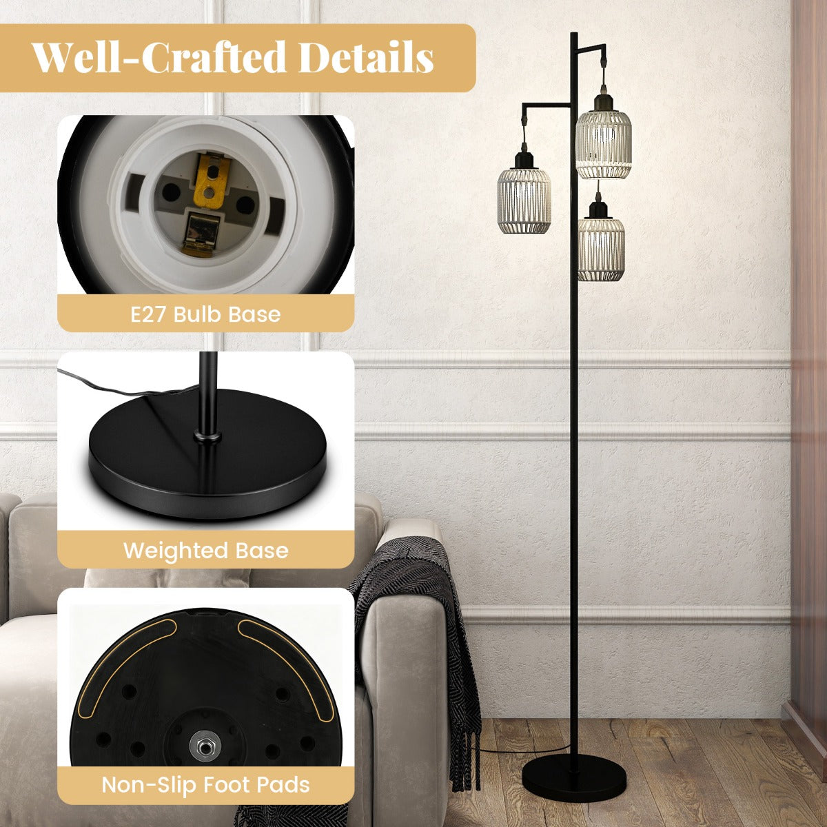 Stående – lampa med st E27 socklar och fotbrytare, modern burskärm – 173 cm 3 – Svart