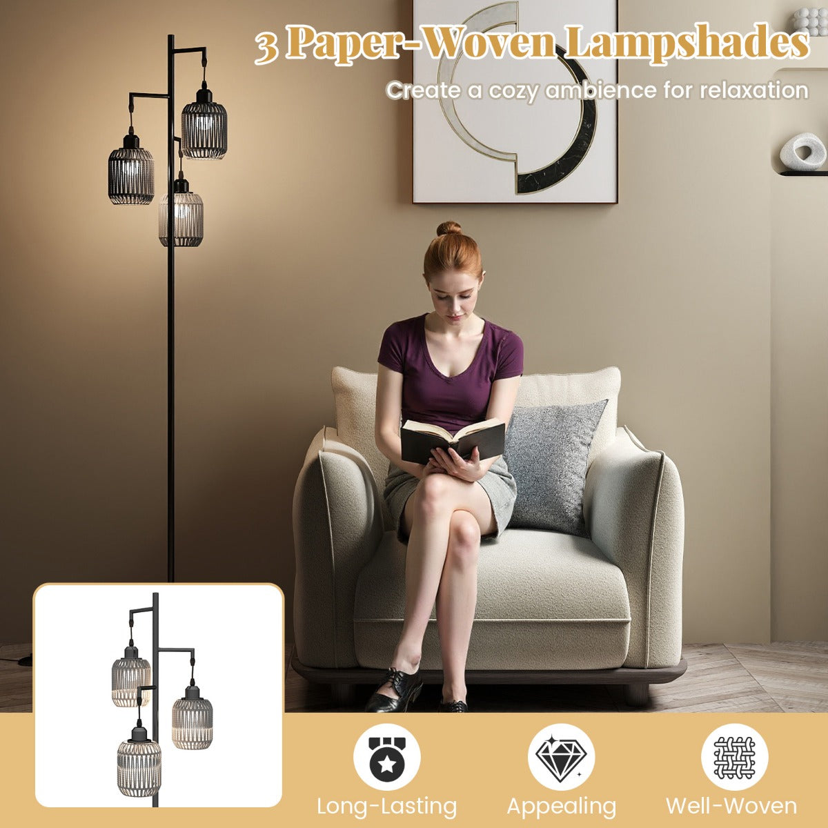 Stående – lampa med st E27 socklar och fotbrytare, modern burskärm – 173 cm 3 – Svart