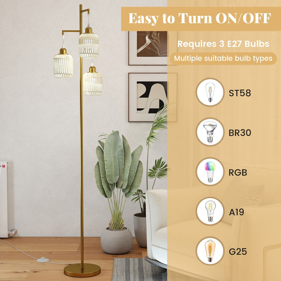 Stående – lampa med E27 socklar och fotbrytare, modern burskärm – 173 cm 3 – Guld