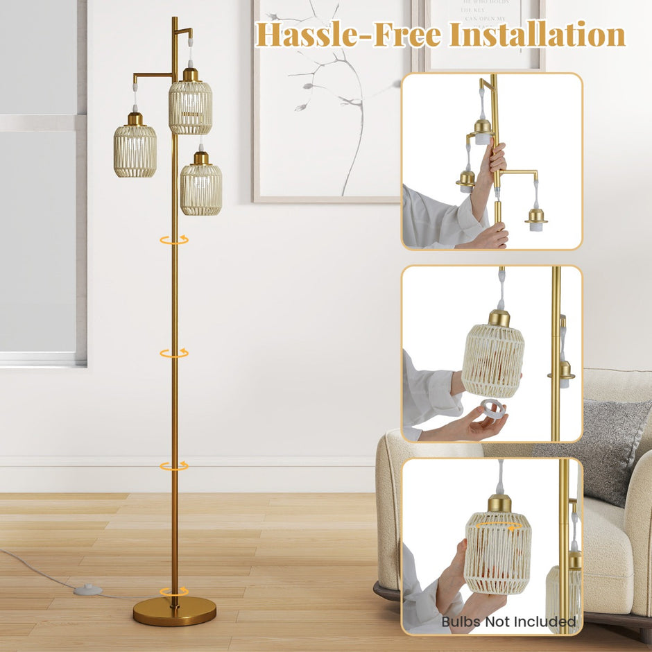 Stående – lampa med E27 socklar och fotbrytare, modern burskärm – 173 cm 3 – Guld