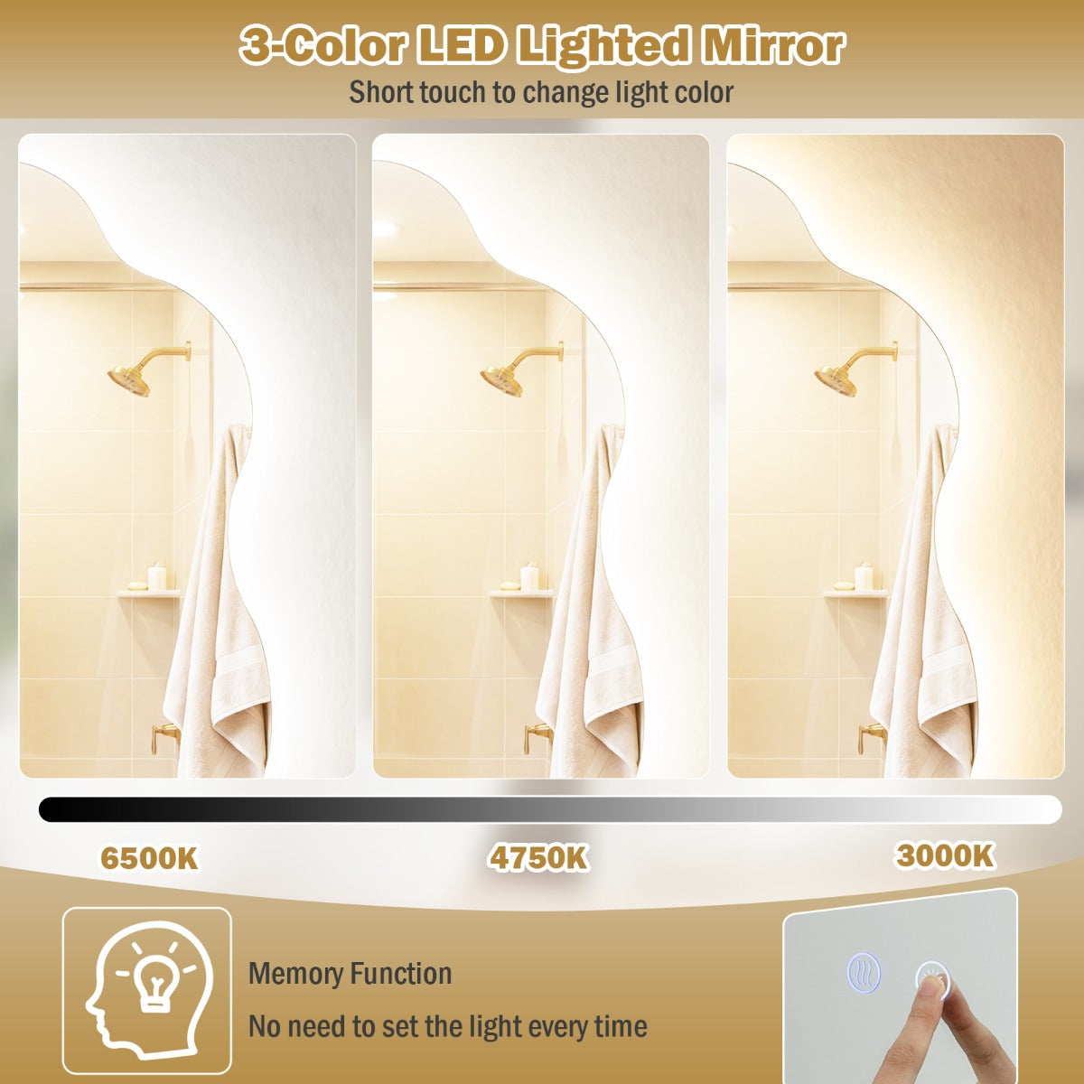 Oregelbunden – badrumsspegel med LED belysning och imma säker minnesfunktion, väggspegel cm. – 70 x 50 – Silver