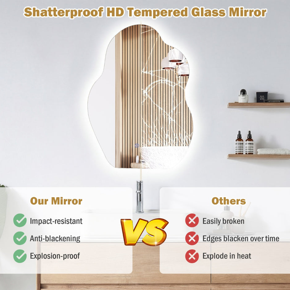 Oregelbunden – badrumsspegel med LED belysning och imma säker minnesfunktion, väggspegel cm. – 70 x 50 – Silver