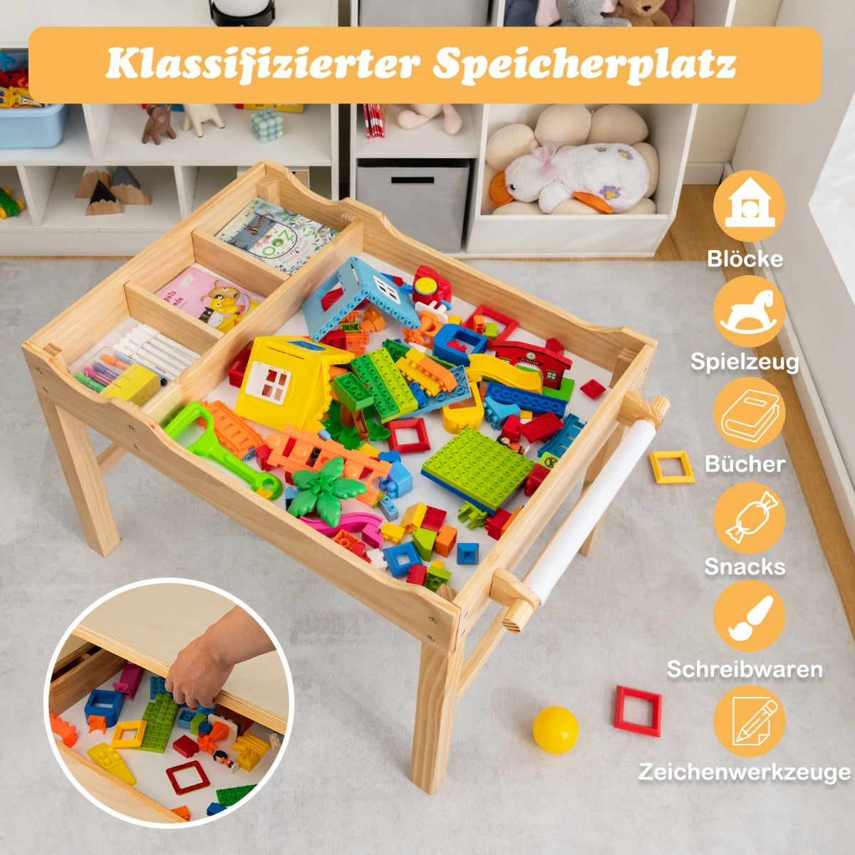 i – barnbord av furu med vändbar bordsskiva och förvaringsutrymme pappersrulle Natural – 2 1 – Natur