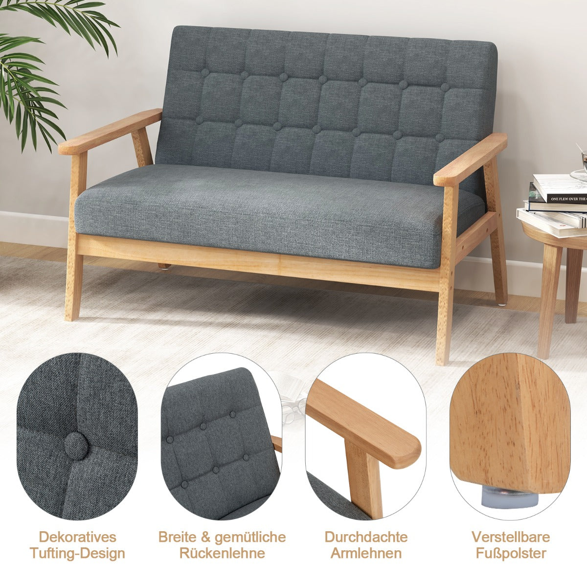 sits – stoppad soffa med ram av gummi och klassisk knappdesign – 2 114 x 72 x 77 cm – Grå