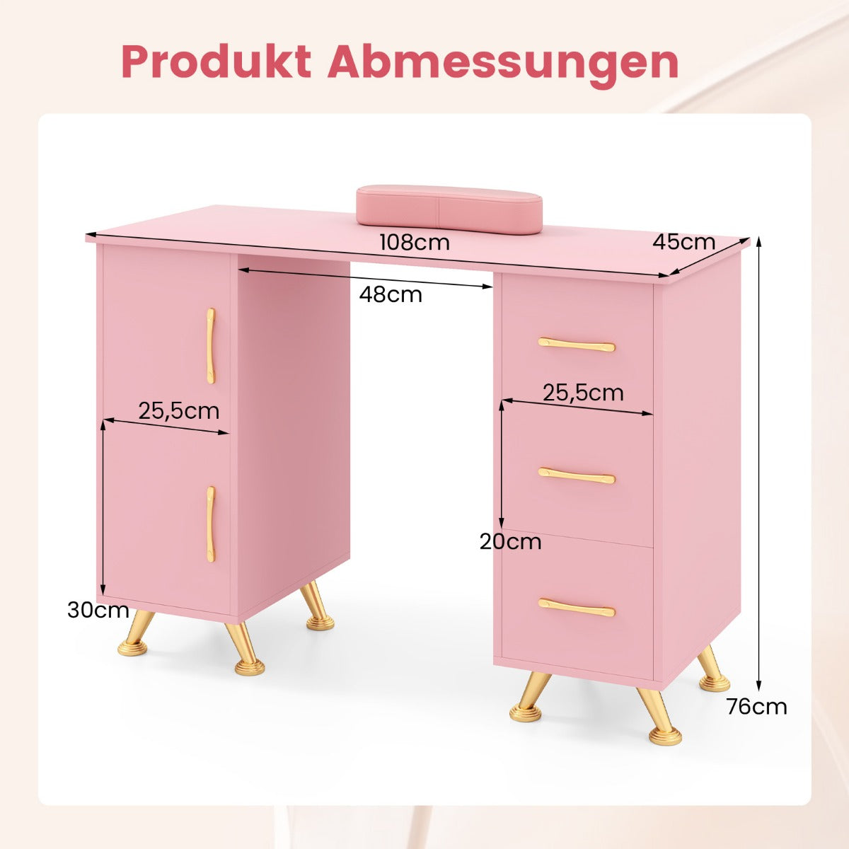 Manikyrbord – med lådor skåp och handledsstöd – Rosa