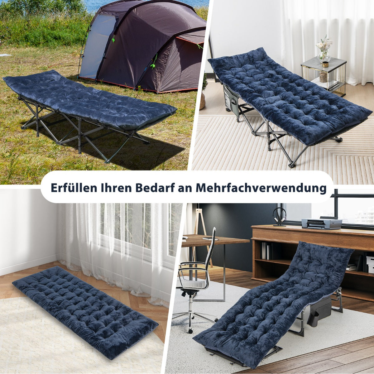 Bomull – Camp Bed Pad Tjock Madrass med fästremmar – 7 cm 4 190 x 70 cm – Blå