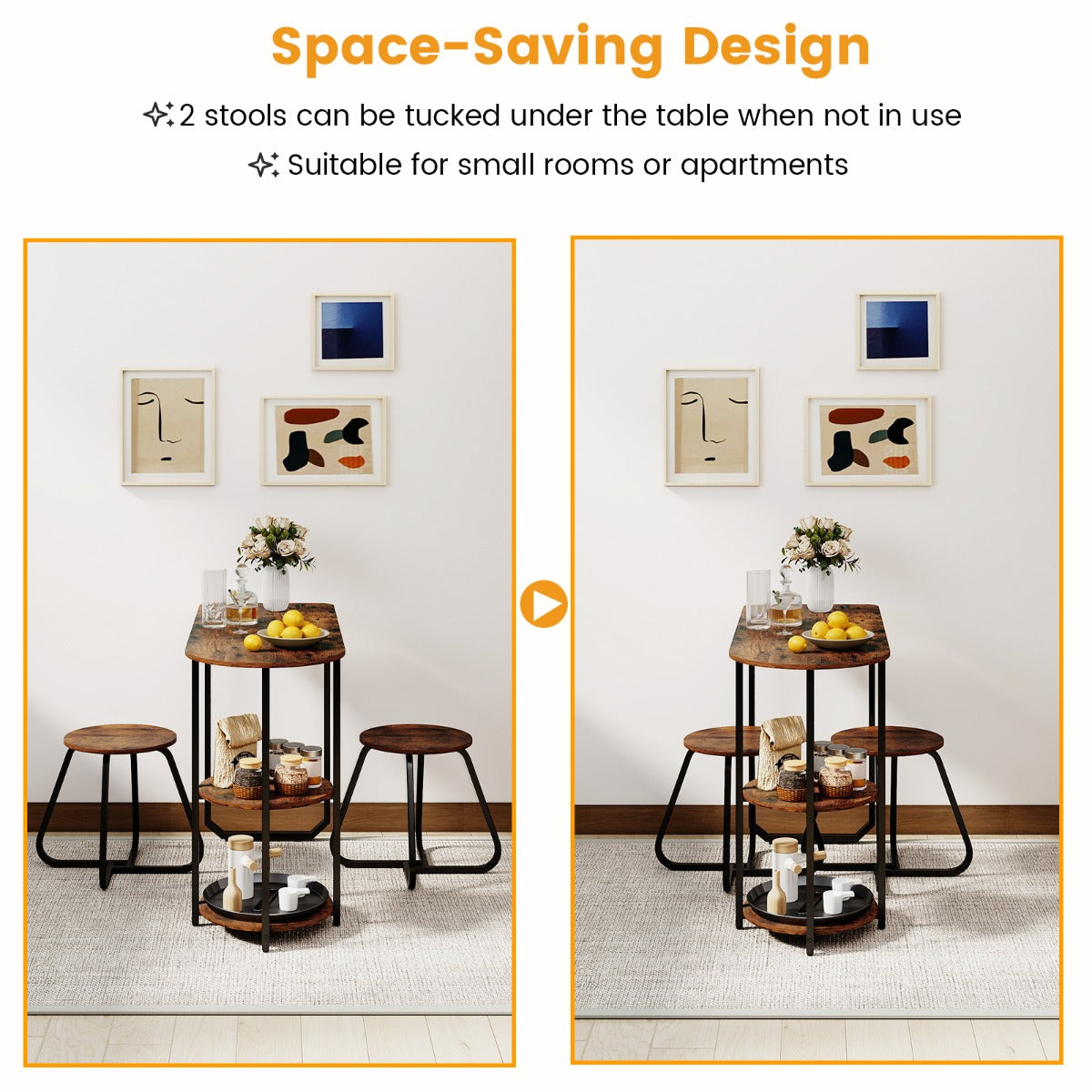 pcs – Industrial matsalsgrupp med trä metall köksbord och pallar Platsbesparande bistrogrupp Rustikbrun – 3 2 – Rustik brun