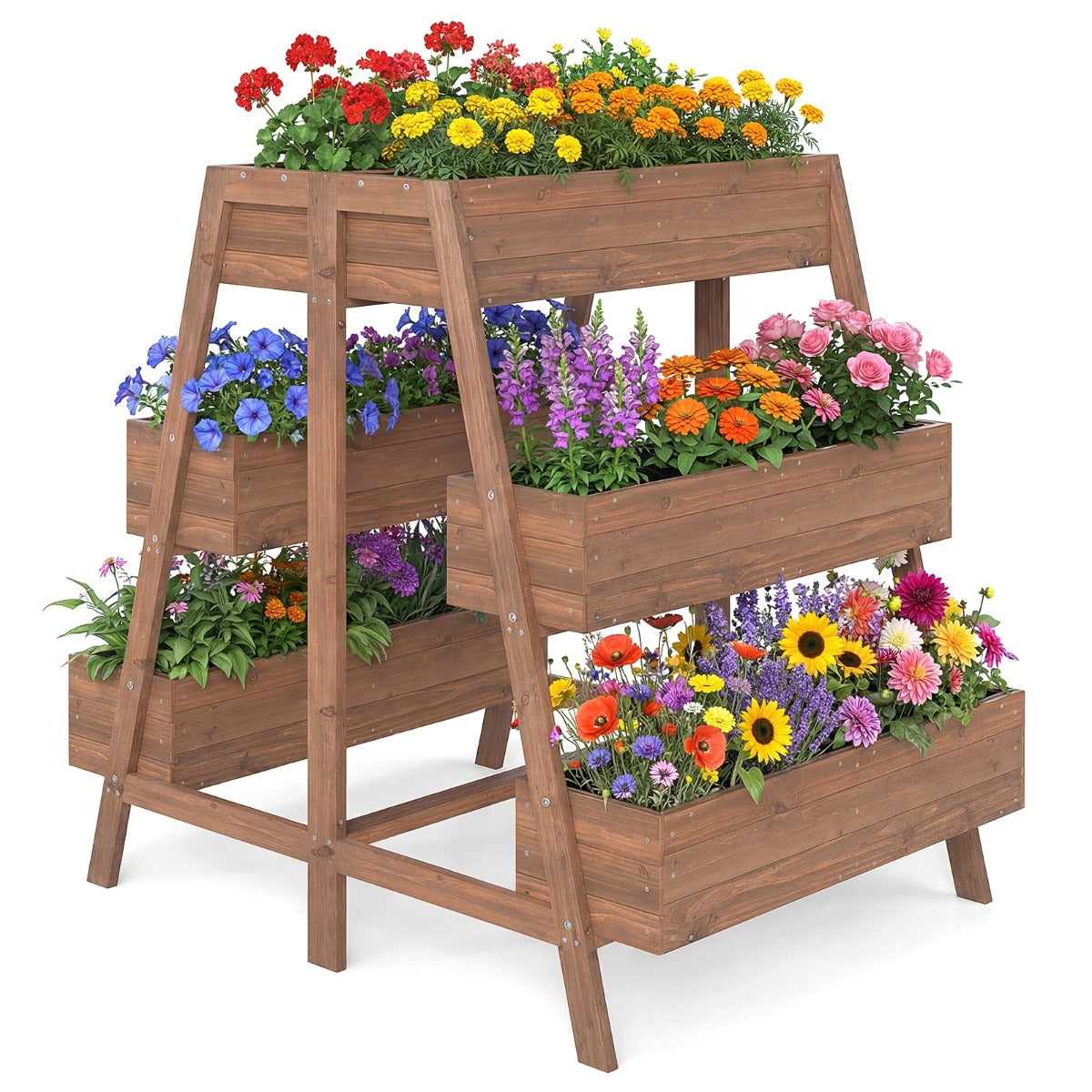 Flerstegs – upphöjd rabatt Trä med ribbotten design och planteringslådor – 6 126 x 90 x 115 cm – Natur