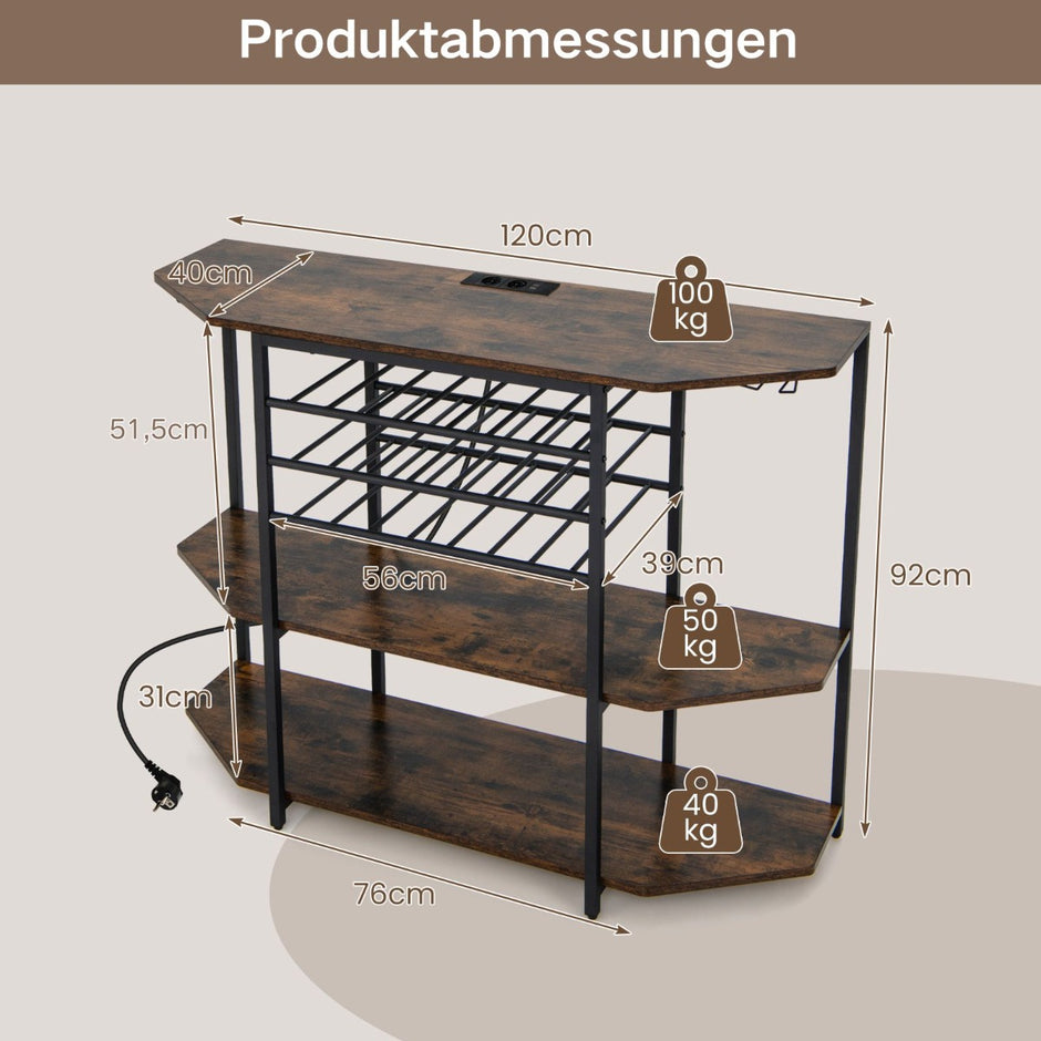 vånings – industriellt vinställ med uttag och flaskställ glashållare Vinbarsskåp – 3 – Brun
