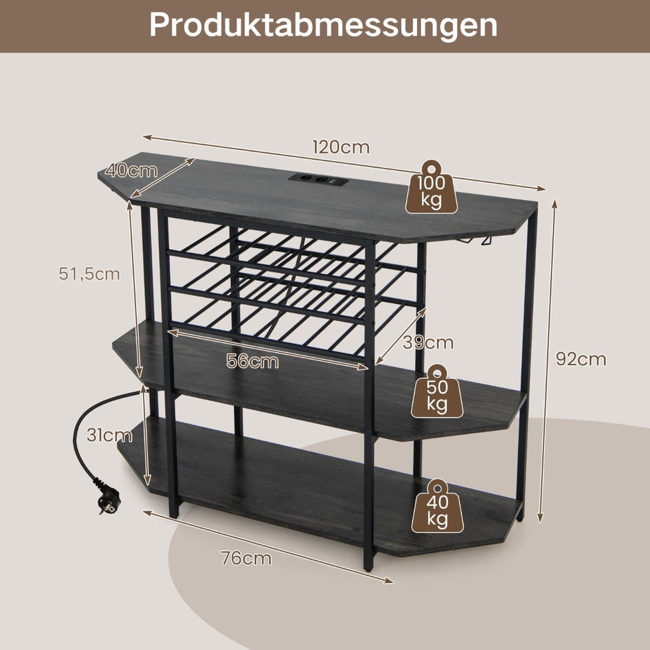 vånings – industriellt vinställ med uttag och flaskställ glashållare Vinbarsskåp – 3 – Grå