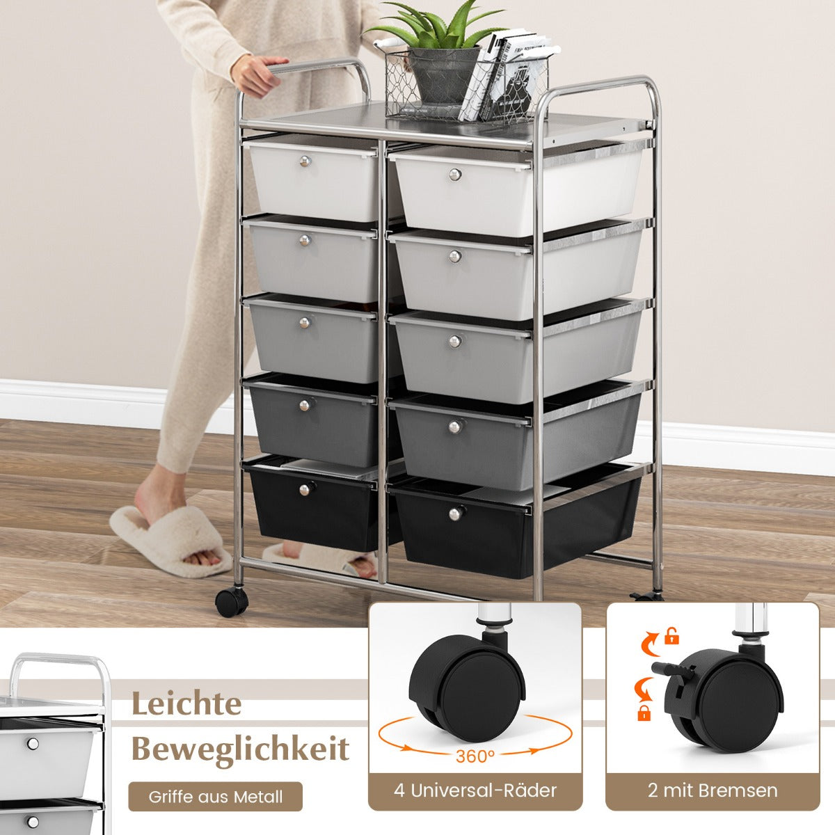 Rullande – förvaringsvagn med lådor, skjutvagn för kontorsmateriel på hjul, gråsvart – 10 – Grå-svart