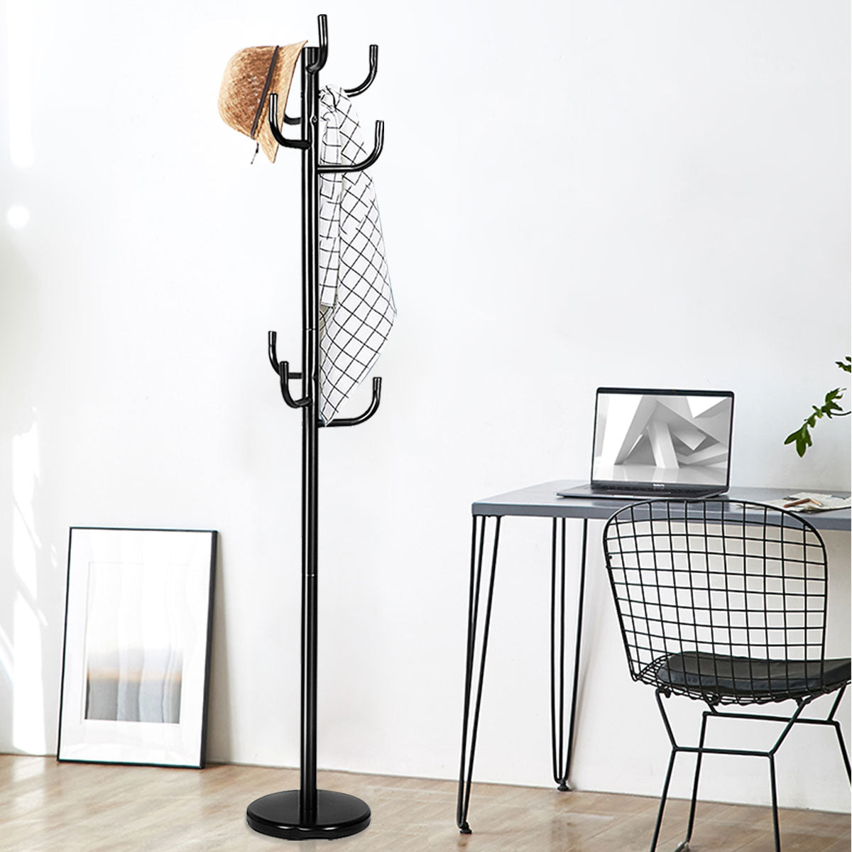 Klädhängare – med krokar, i metall, – 8 , 38 x 175 cm – Svart