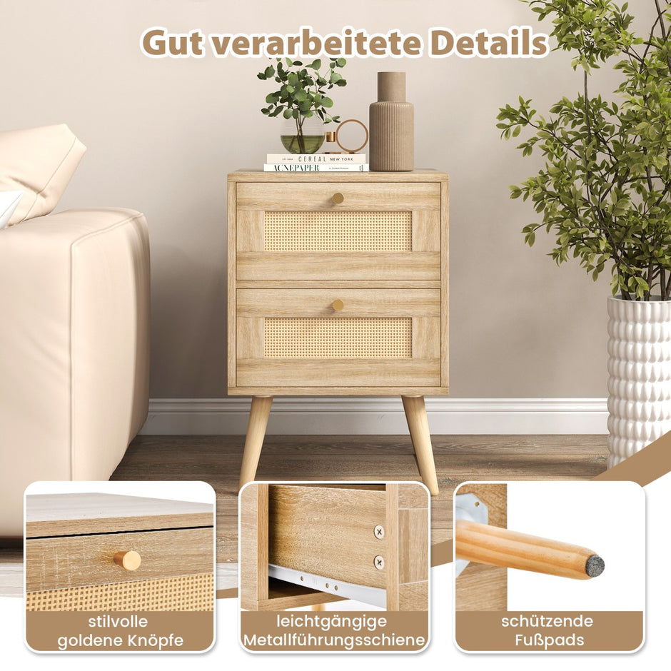 Rotting – nattduksbord i boho stil med lådor och massivt trä ben Modernt sängbord – 2 – Natur
