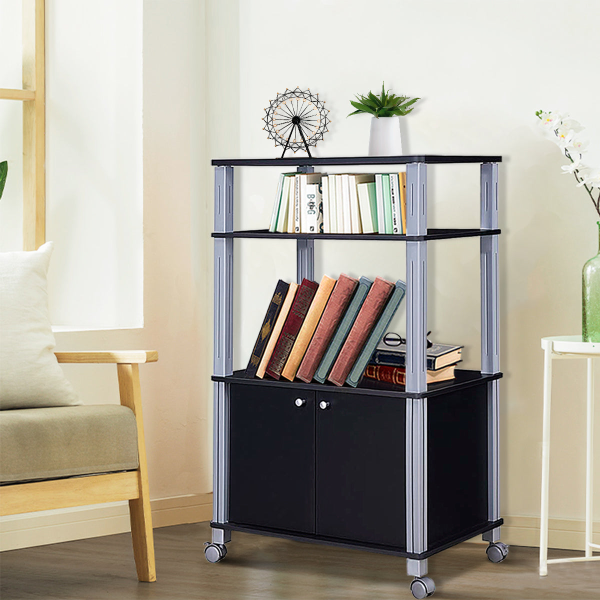 Mikrovågshylla – med lager och skåp Köksvagn Servicevagn Tillverkad av metall – 3 – Svart