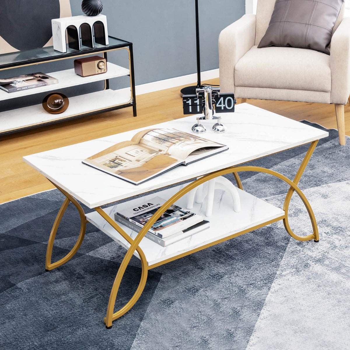 Soffbord – med marmorlook Modernt av konstmarmor – 100 x 50 x 45 cm – Vit