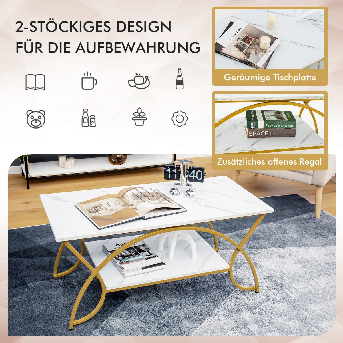 Soffbord – med marmorlook Modernt av konstmarmor – 100 x 50 x 45 cm – Vit