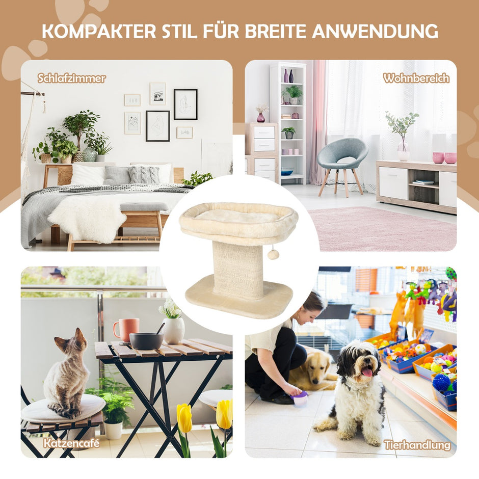 Moderna – kattmöbler för skrapstolpe med stor plyschsits och sisalskrapbräda – Beige