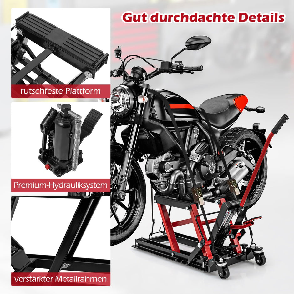 Motorcykellyft – upp till stegs höjdjusterbar hydraulisk motorcykeljack – 680 kg 3 – Röd