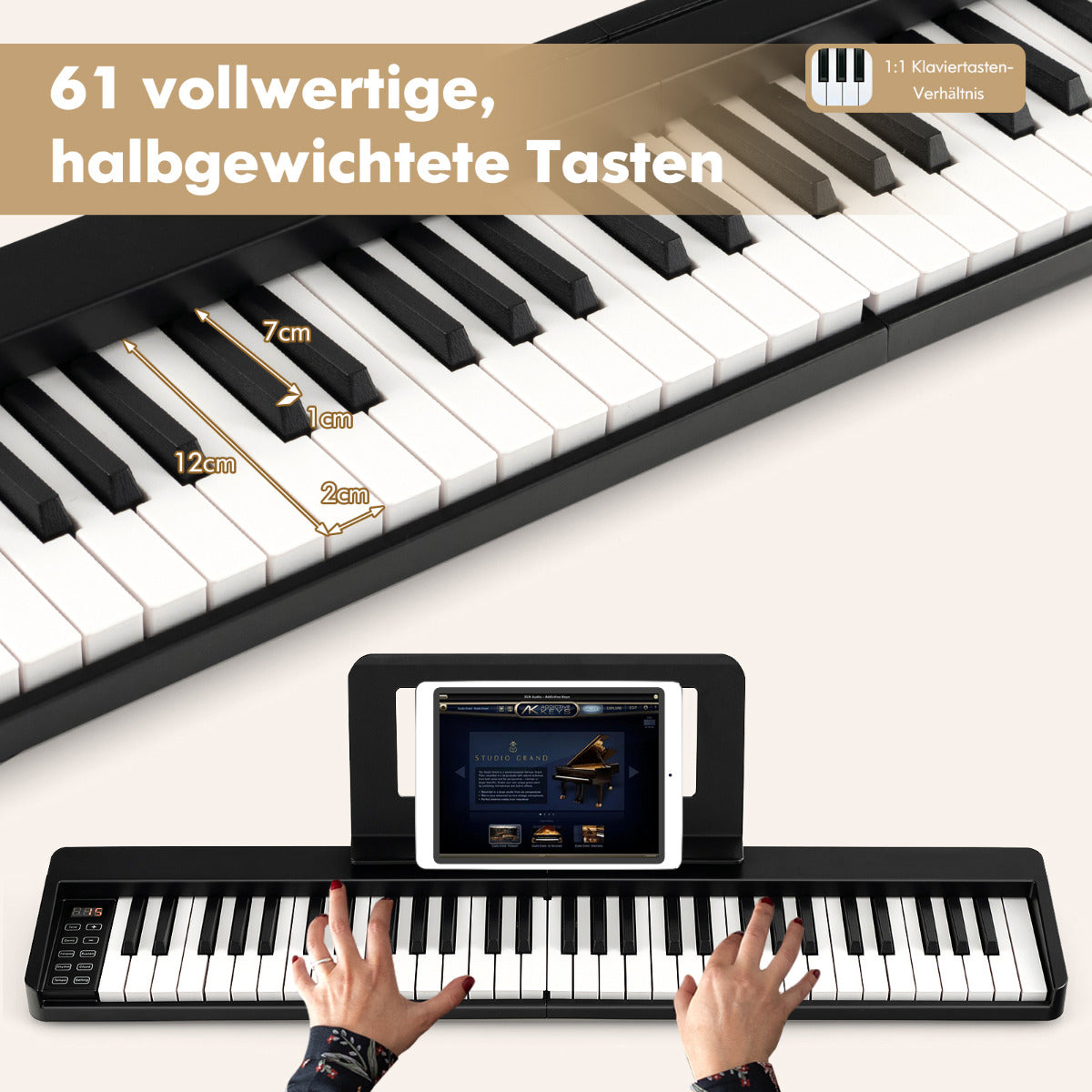 Digitalt – piano med tangenter och Bluetooth musikställ pedal hopfällbar – 61 – Svart och vit