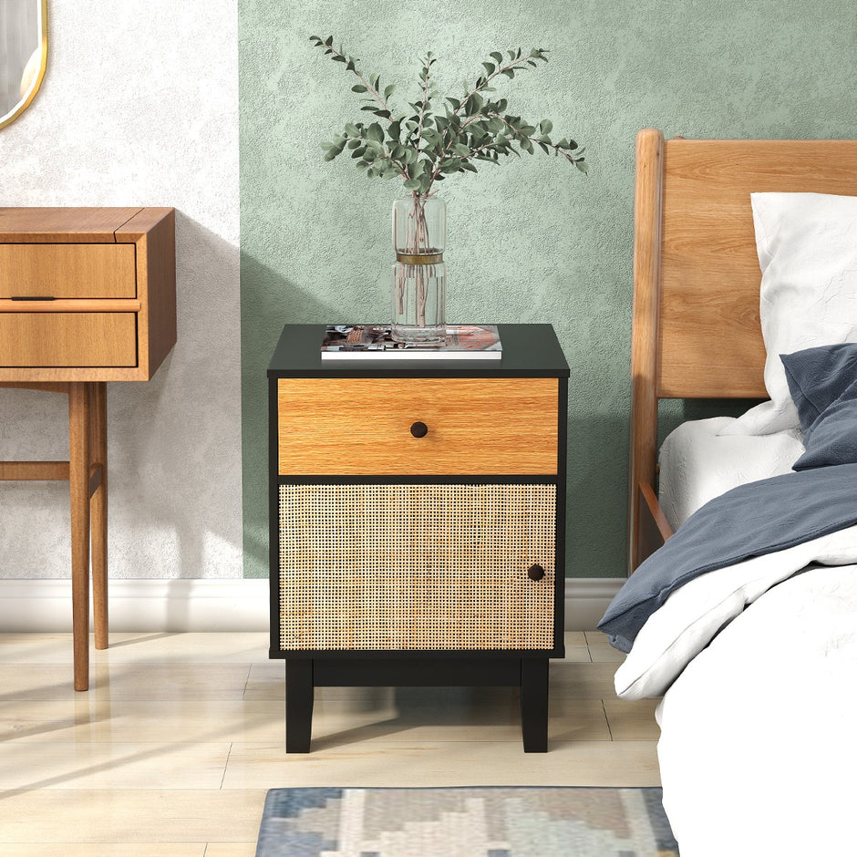 Rotting – nattduksbord med låda och skåp sängbord sidobord soffbord i boho stil – Svart