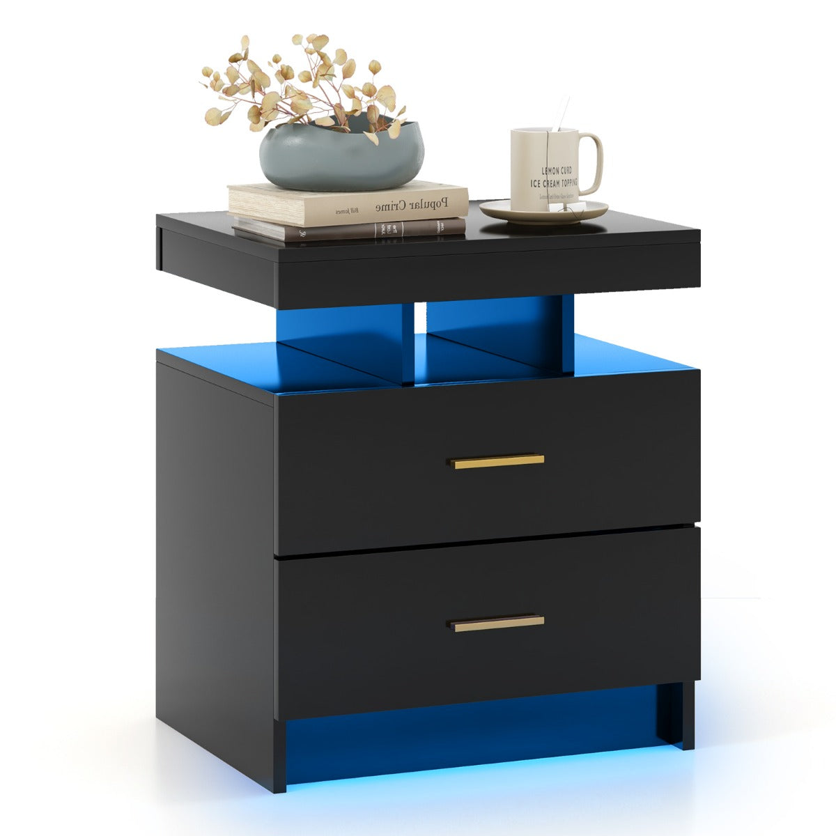 Sängbord – med LED belysning Nattduksbord Sidobord lådor – 2 50 x 40 x 58 cm – Svart