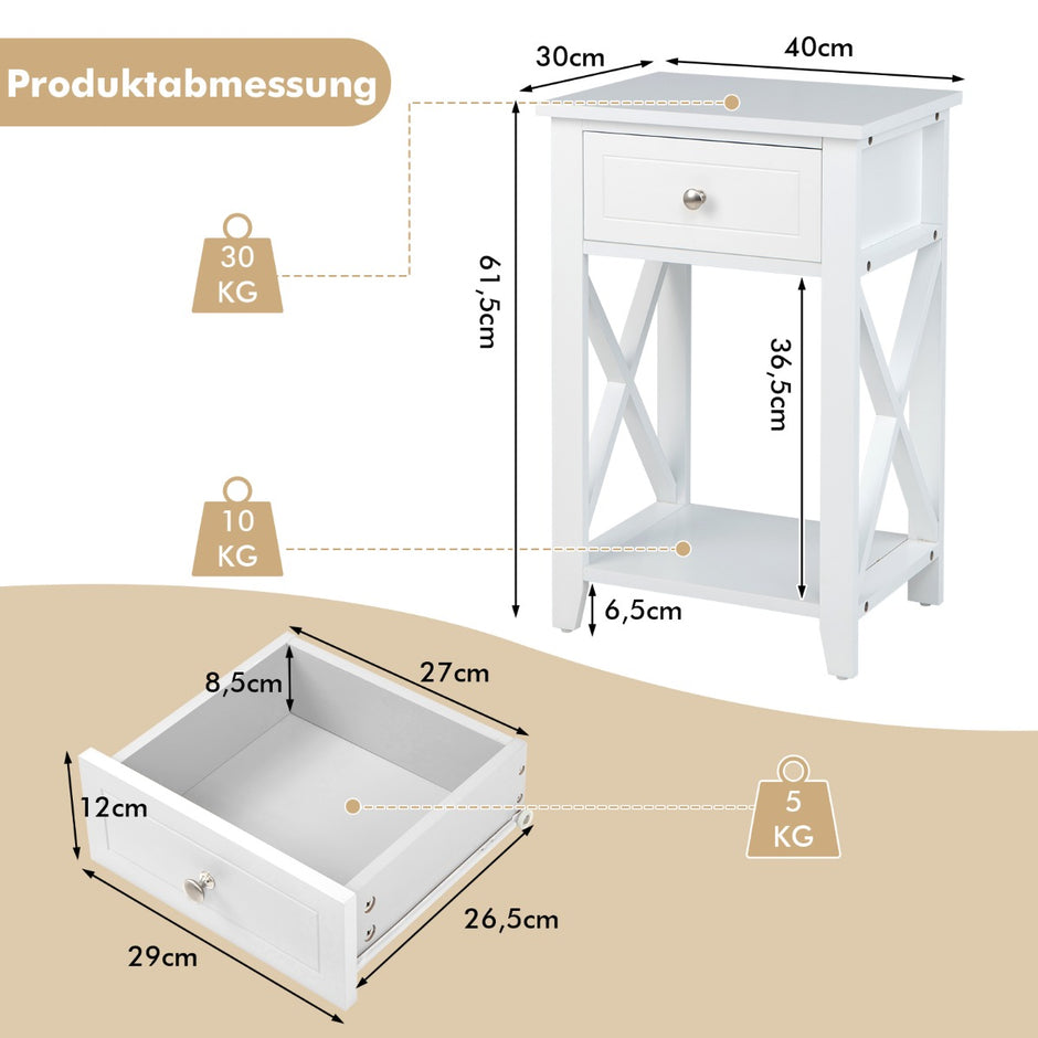 Set – med formade sängbord låda och nedre förvaringsfack Modernt sidobord vitt – 2 x – Vit