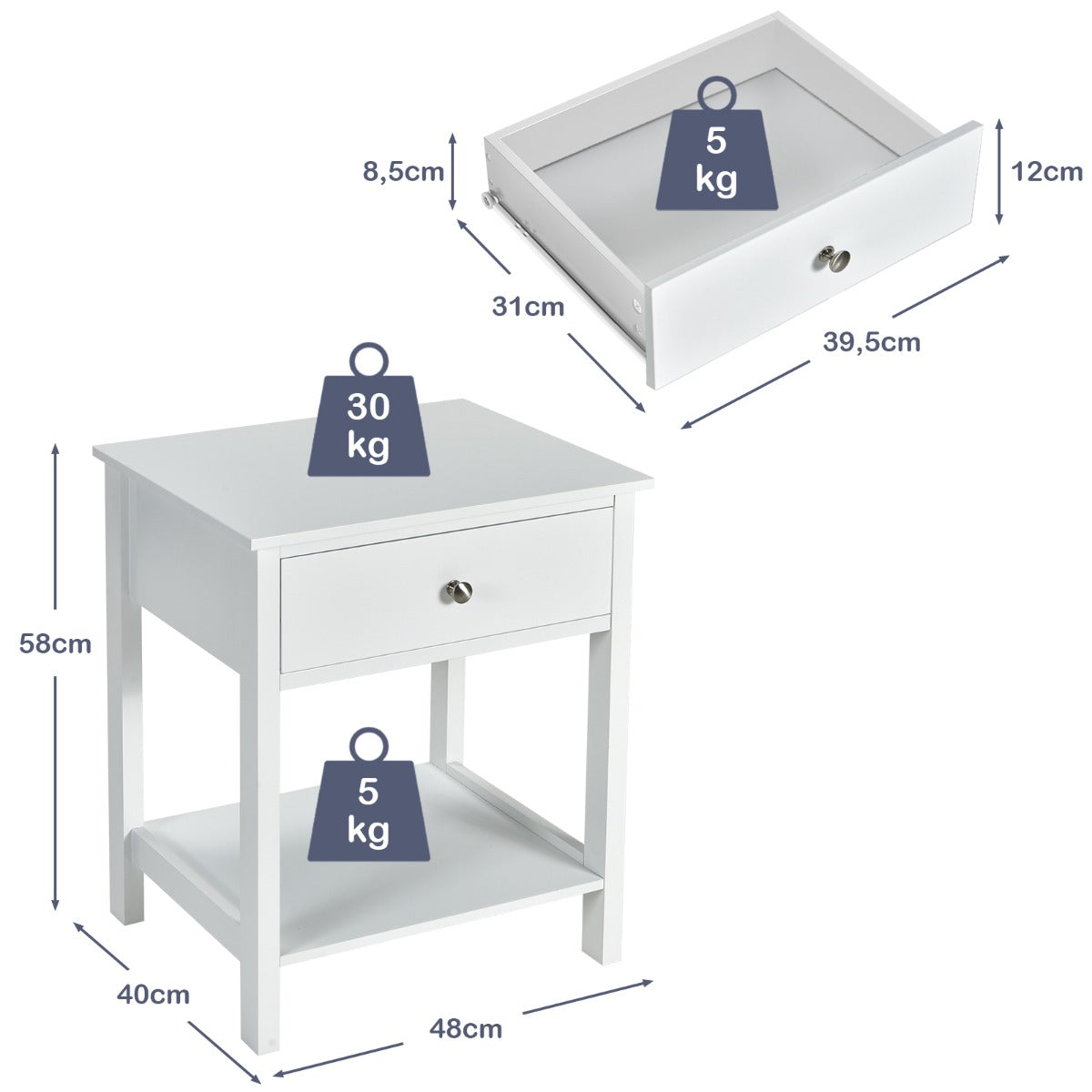 Set – om vånings sängbord med låda, nattduksbord, – 2 2 48 x 40 x 58 cm – Vit