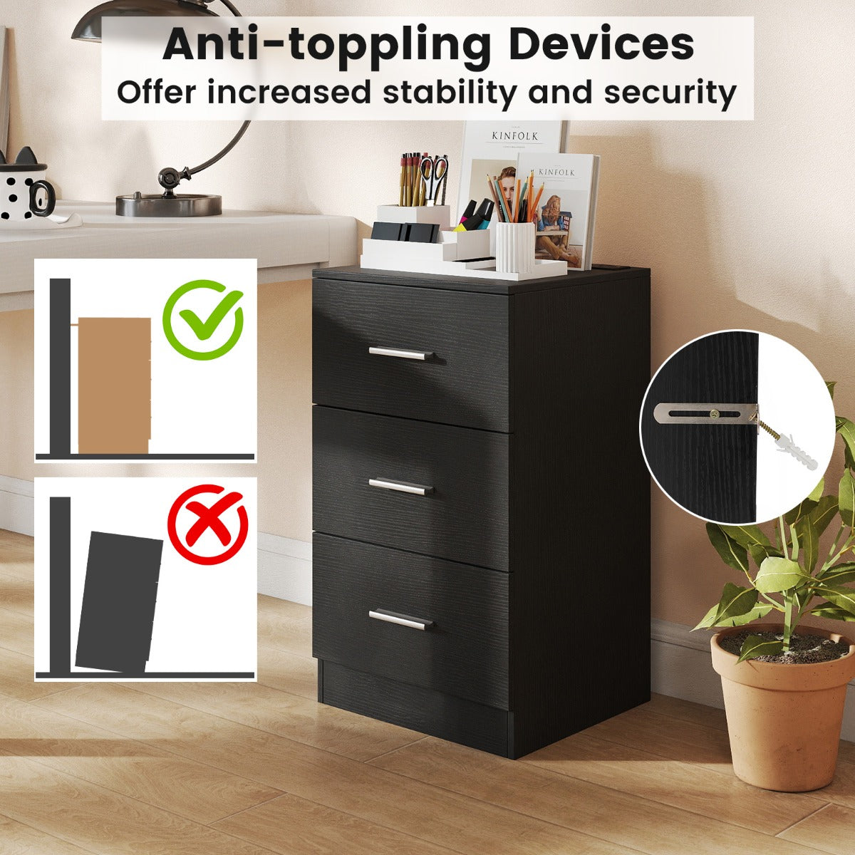 Sängbord – med laddstation modern nattduksbord förvaringslådor – 3 38 x 35 x 66 cm – Svart