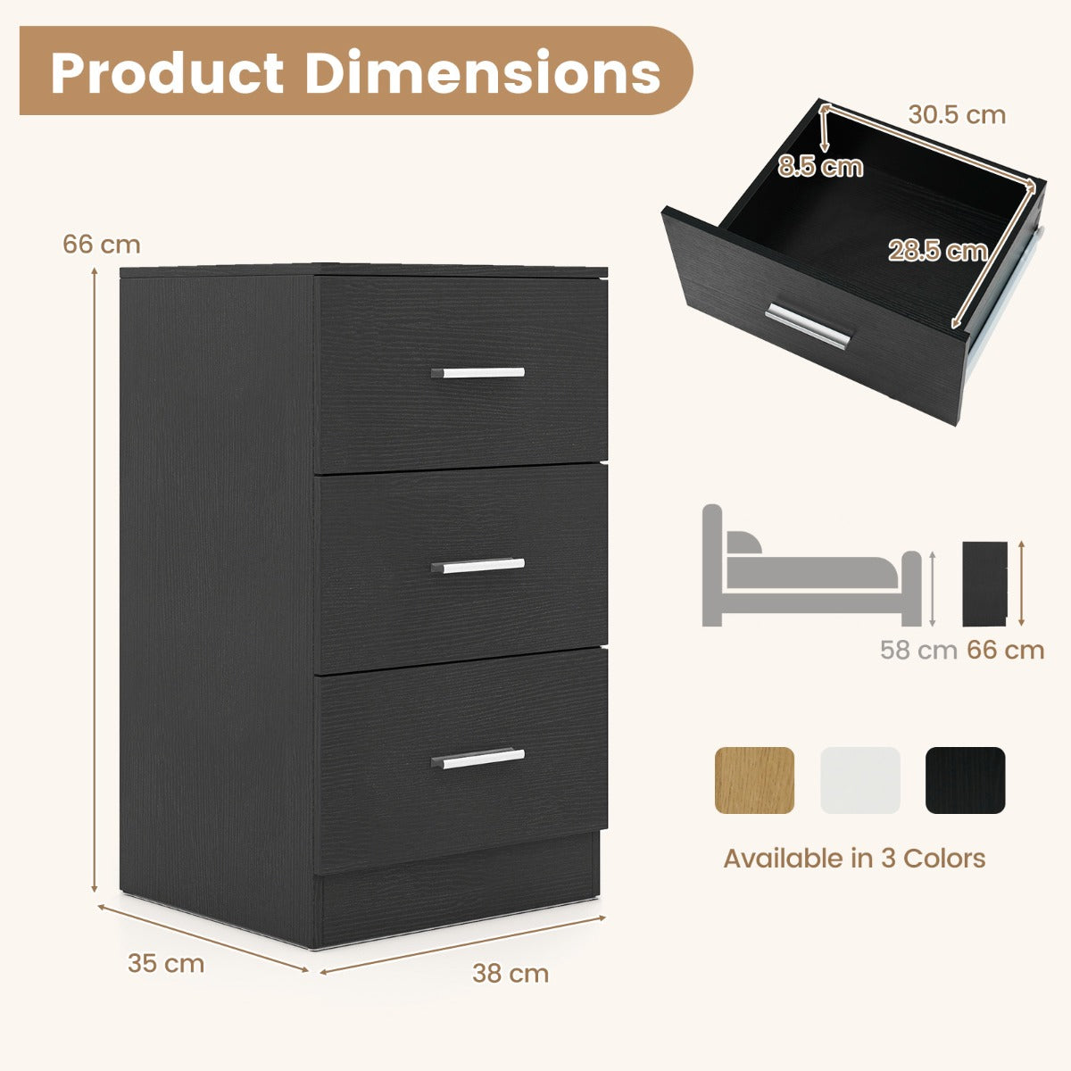 Sängbord – med laddstation modern nattduksbord förvaringslådor – 3 38 x 35 x 66 cm – Svart