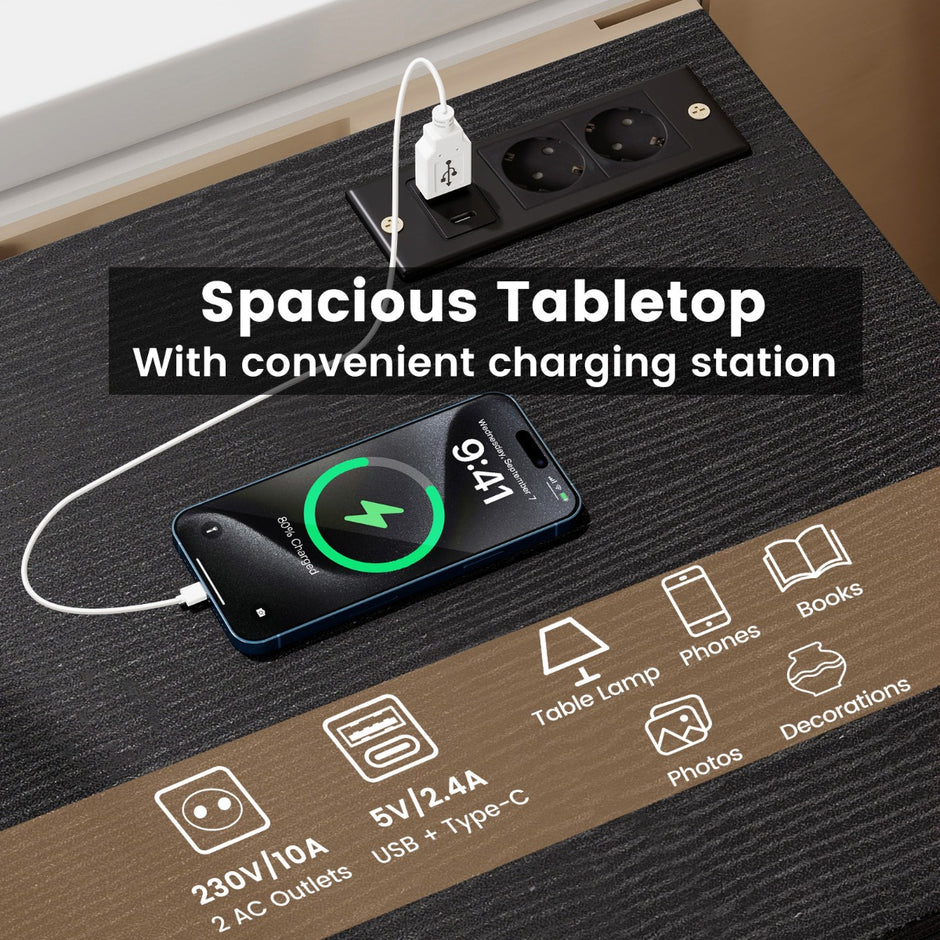 Sängbord – med laddstation modern nattduksbord förvaringslådor – 3 38 x 35 x 66 cm – Svart
