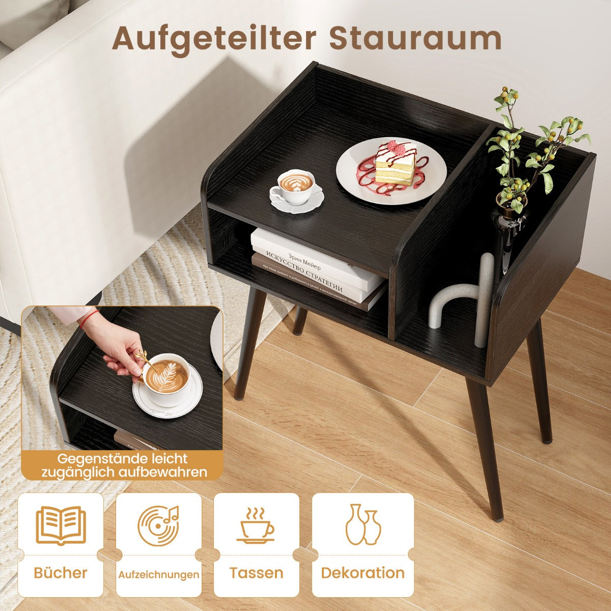 Sängbord – sidobord med öppet fack soffbord metallstödben st. – 50 x 32 x 58 cm 1 – Svart