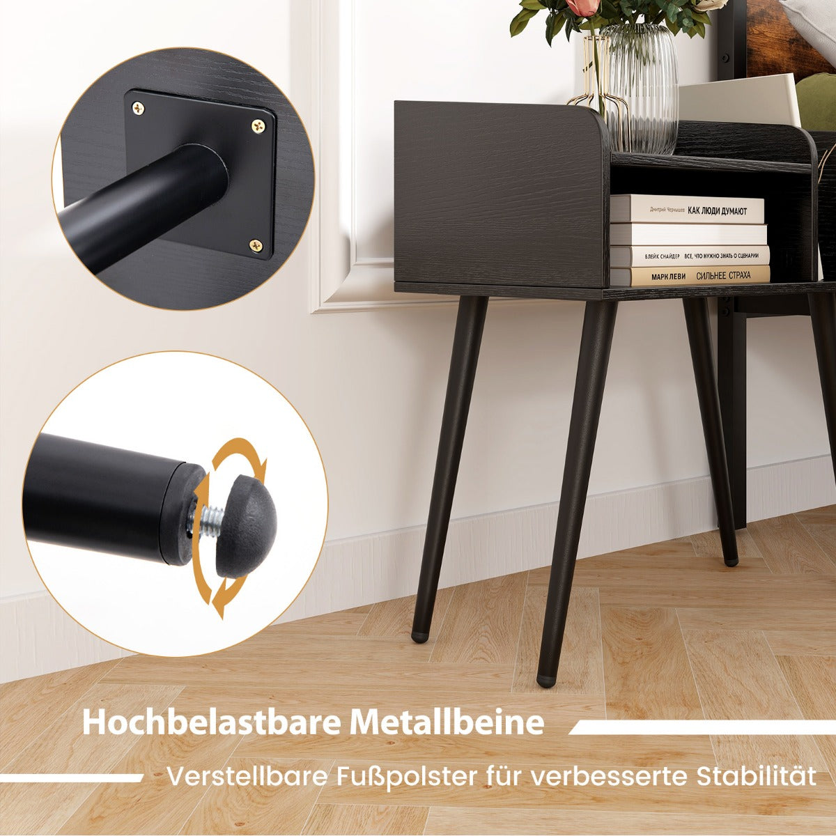 Sängbord – Sidobord med öppet fack Soffbord metallstödben Styck – 50 x 32 x 58 cm 2 – Svart