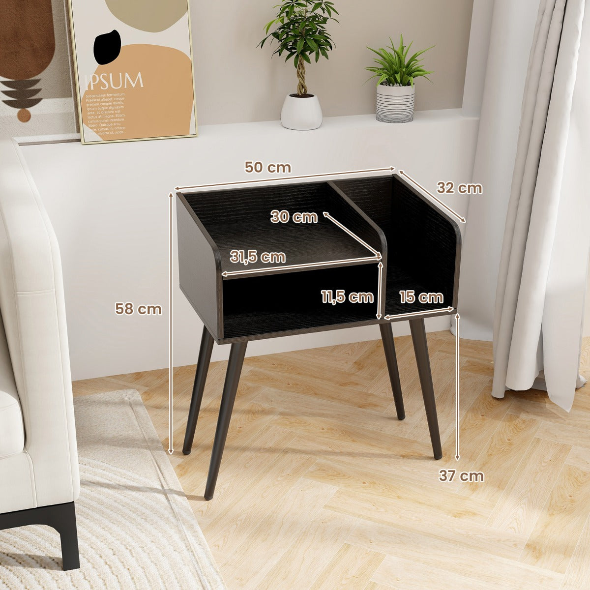 Sängbord – Sidobord med öppet fack Soffbord metallstödben Styck – 50 x 32 x 58 cm 2 – Svart