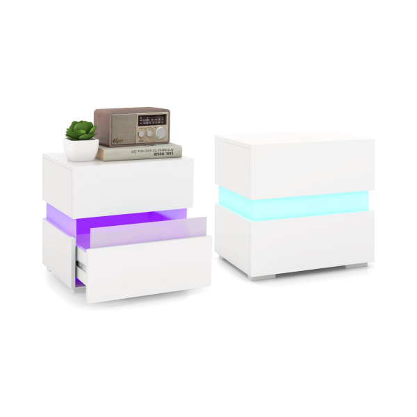Sängbord – set med LED högblanka sängskåp lådor – 2 2 – Vit
