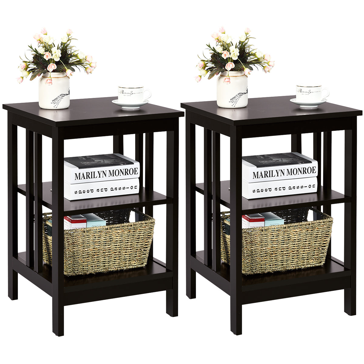 Sängbord – våningar set med sidobord Nattduksbord soffbord för sovrum – 3 2 40 x 40 x 61 cm – Kaffe