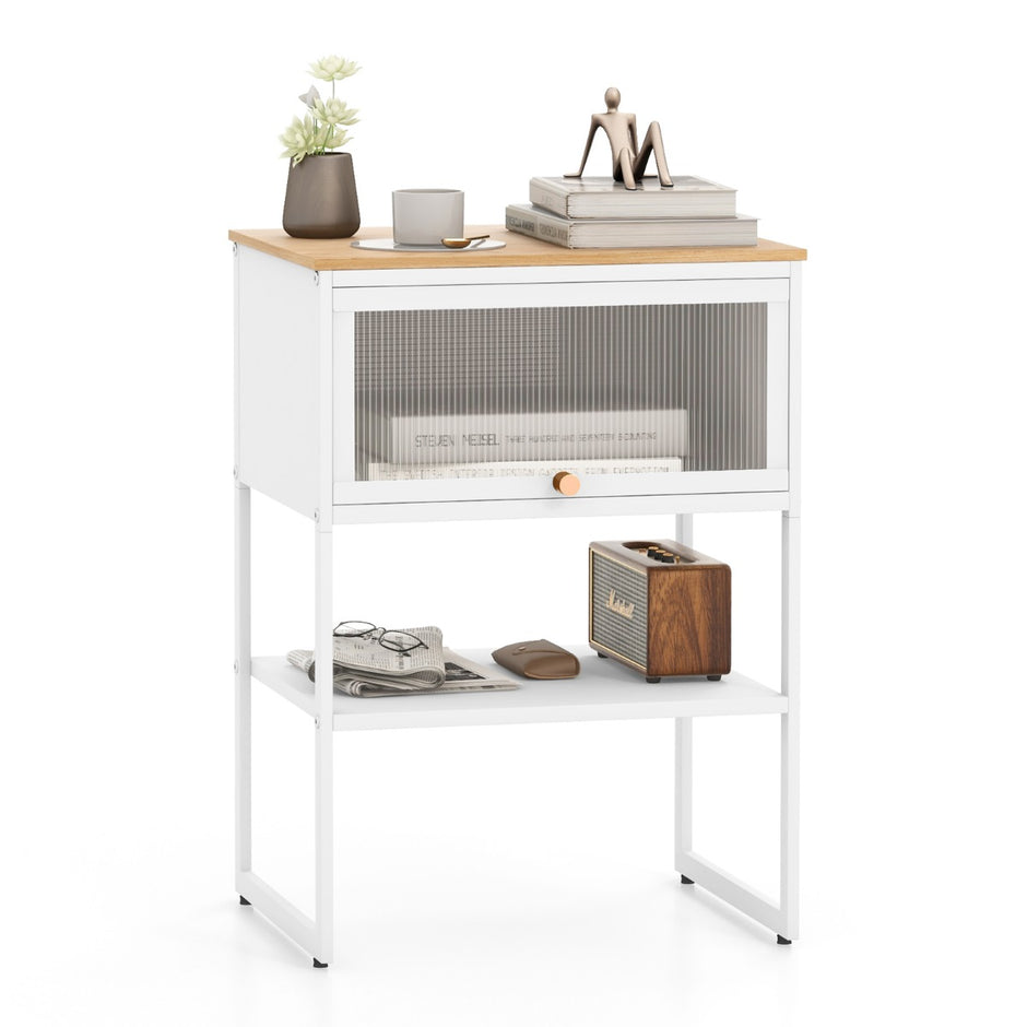 Sängbord – Sidobord Sängskåp i trä med metallram och hylla genomskinlig dörr – 40 x 32 x 56 cm – Vit