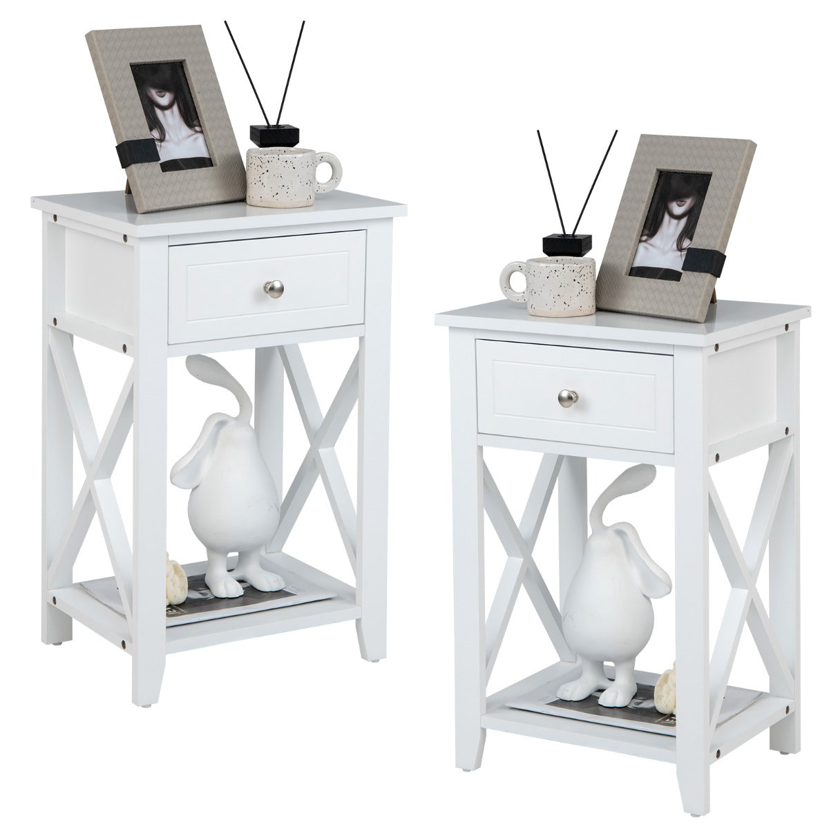 Set – med formade sängbord låda och nedre förvaringsfack Modernt sidobord vitt – 2 x – Vit