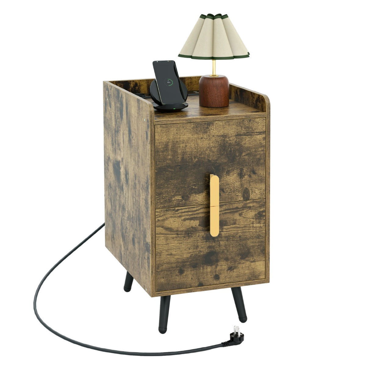 Sängbord – med laddstation smalt lådor och USB portar – 2 40 x 32 x 60 cm – Rustik brun