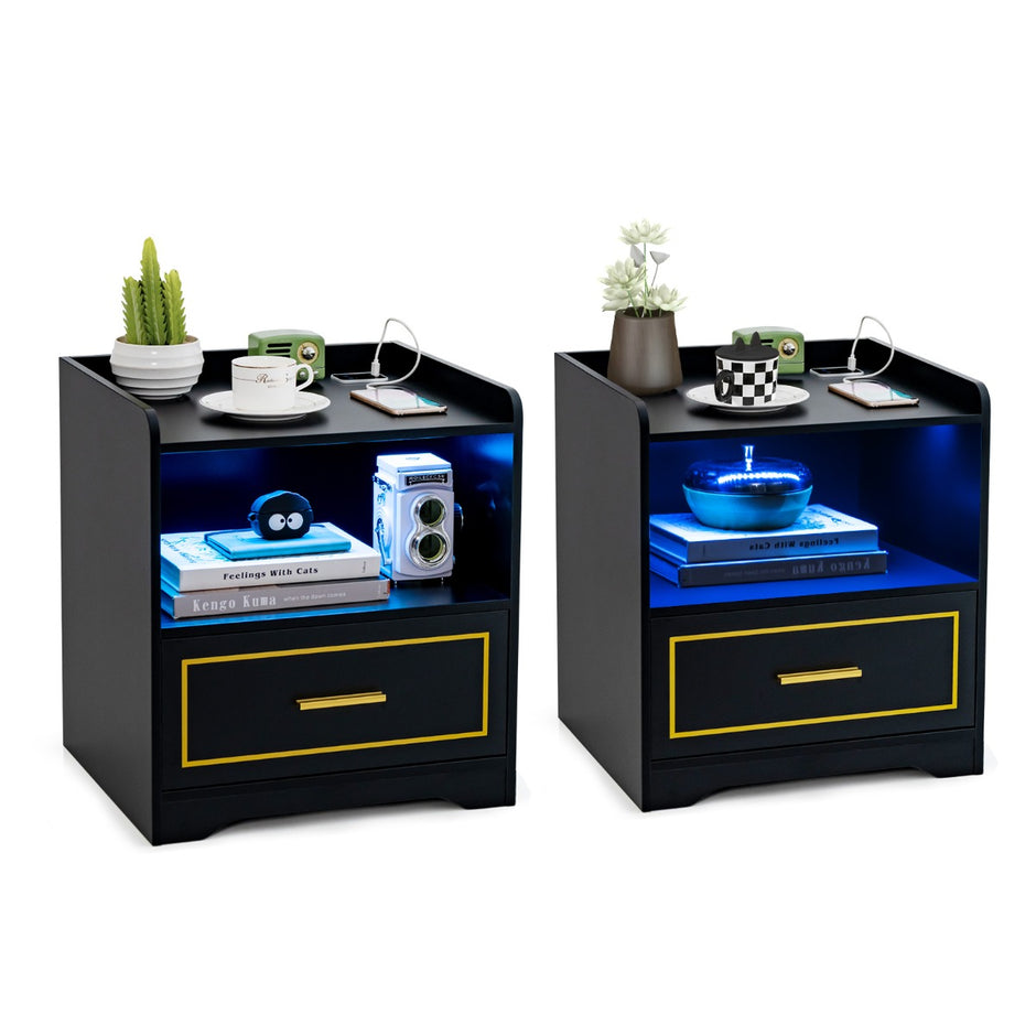 Set – med sängbord LED ljus, USB port och typ C laddstation, nattduksbord rörelsesensor – 2 – Svart