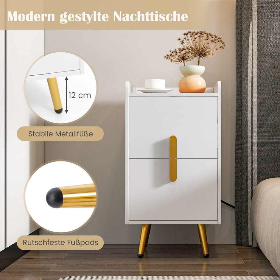 Sängbord – med laddstation, smalt lådor och USB portar, – 2 40 x 32 x 60 cm – Vit